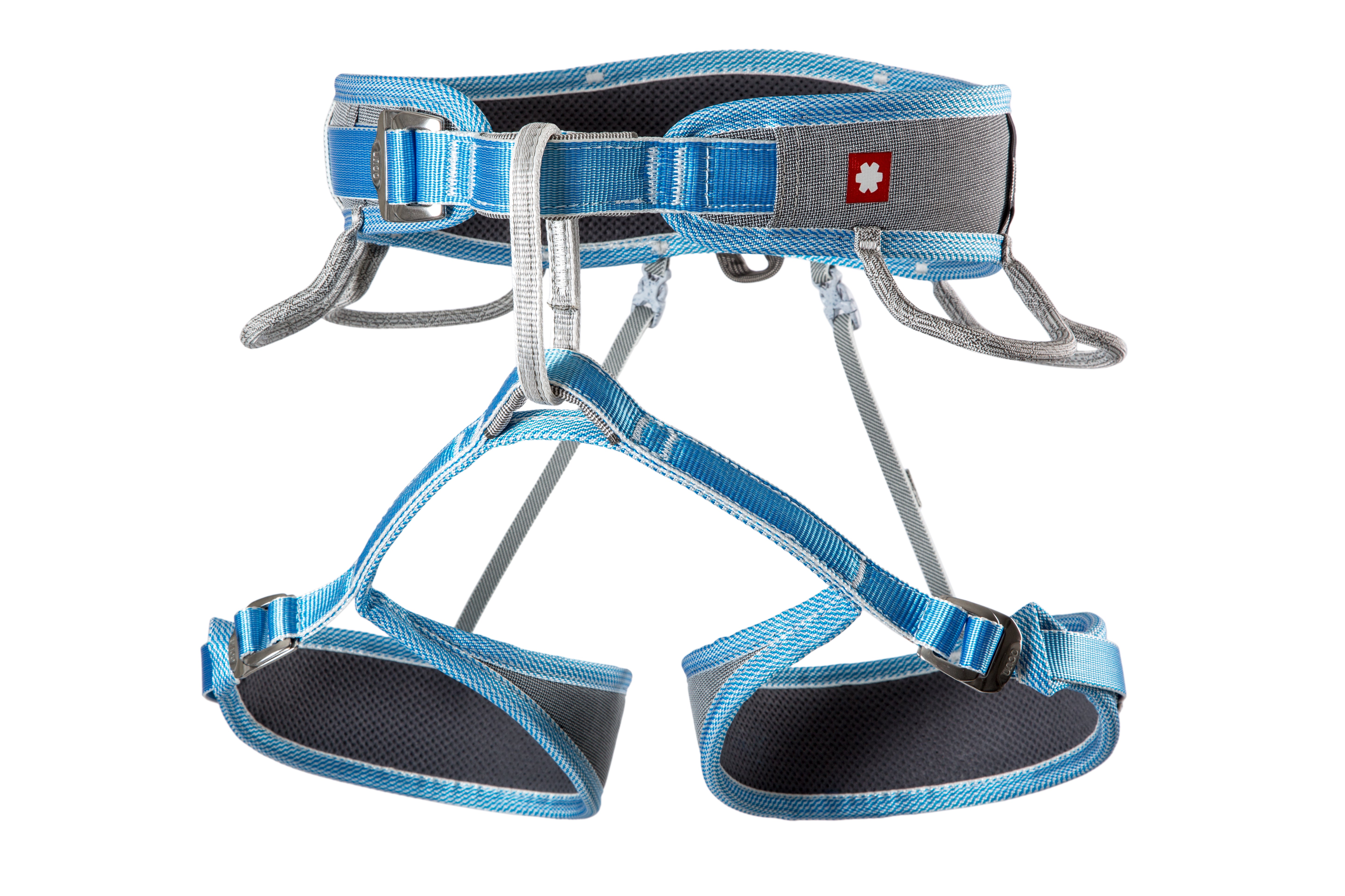 Ocun Twist Tech Eco climbing harness in grey and blue showing front view with padded leg loops and waist belt