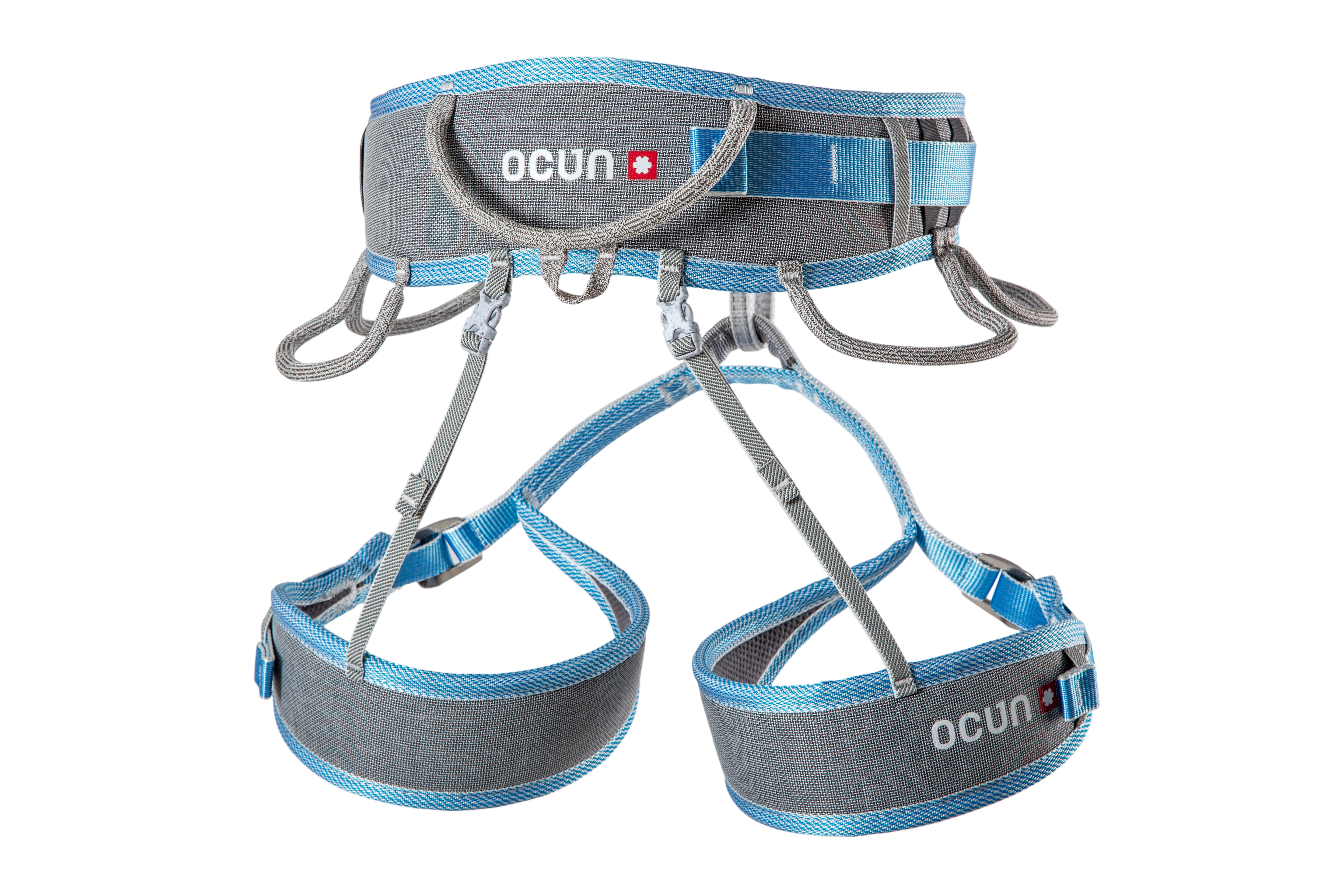 Ocun Twist Tech Eco harness showing detailed view of adjustable buckles and leg loop construction