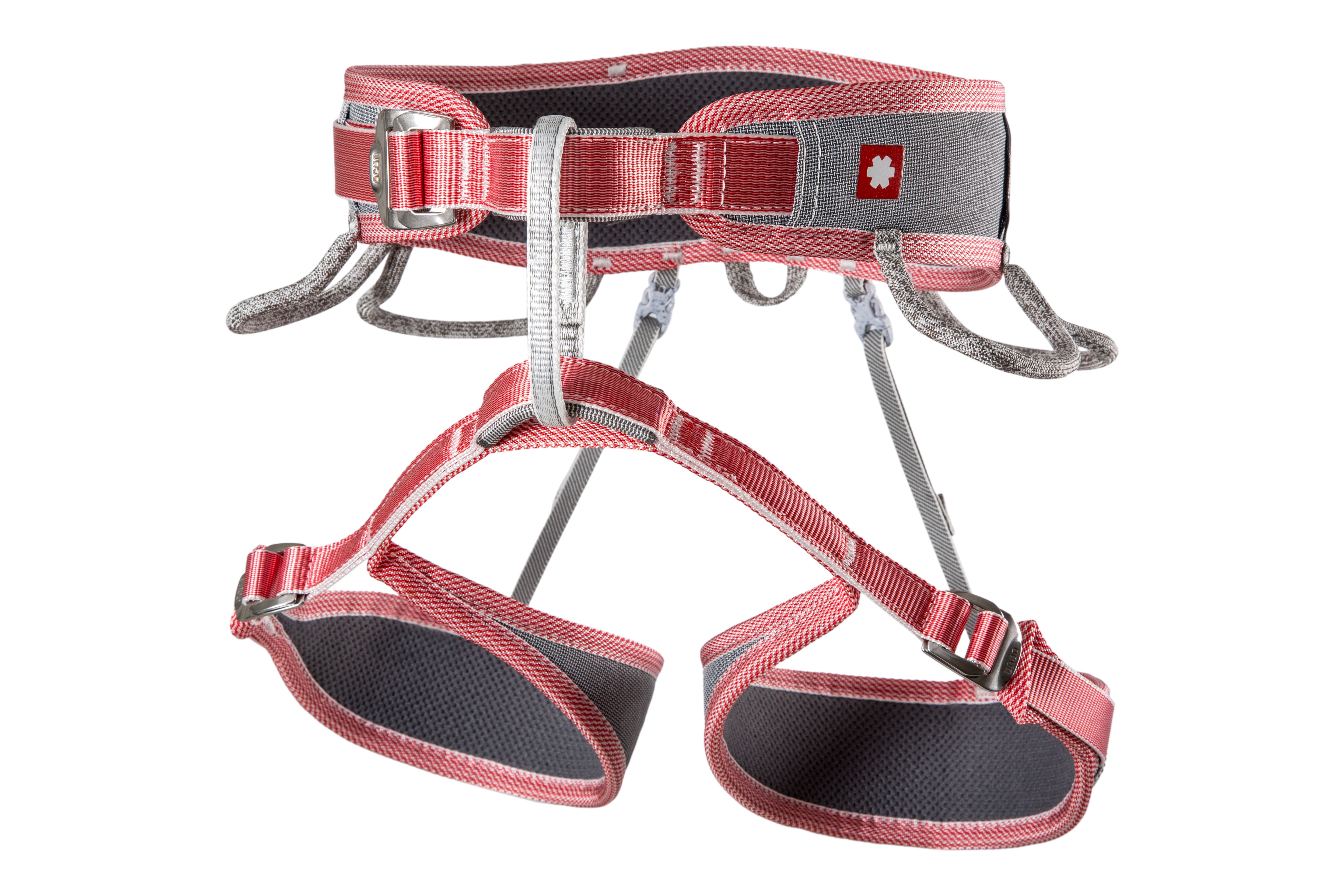 Ocun Twist Tech Eco Lady harness in grey and red showing front view with padded waist and leg loops
