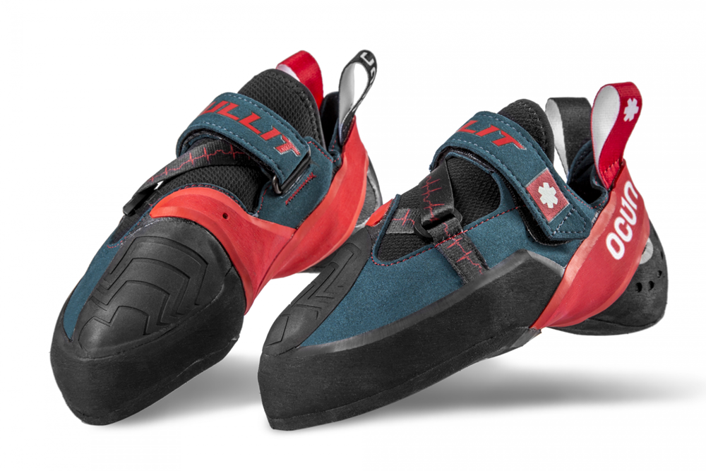 Pair of Ocun Bullit performance climbing shoes showing velcro closure system and toe rubber