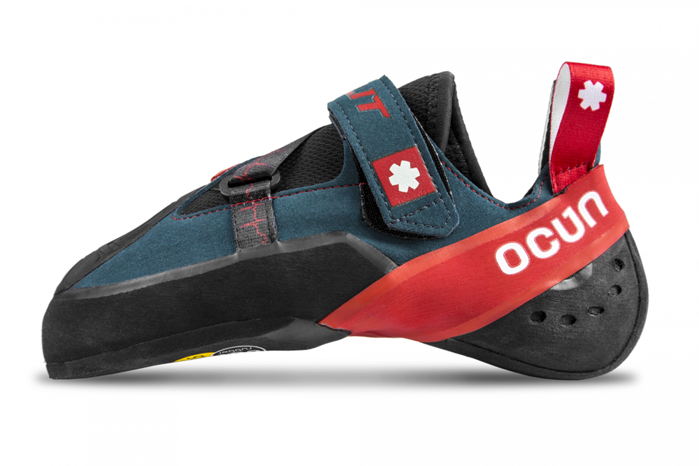 Ocun Bullit climbing shoe side view highlighting suede upper and red rubber toe patch