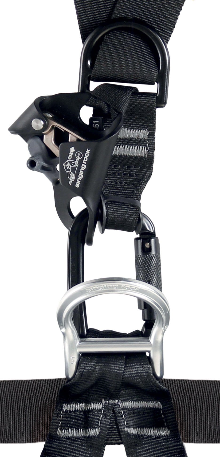 Singing Rock Rope Access Harness connected to Cam Clean