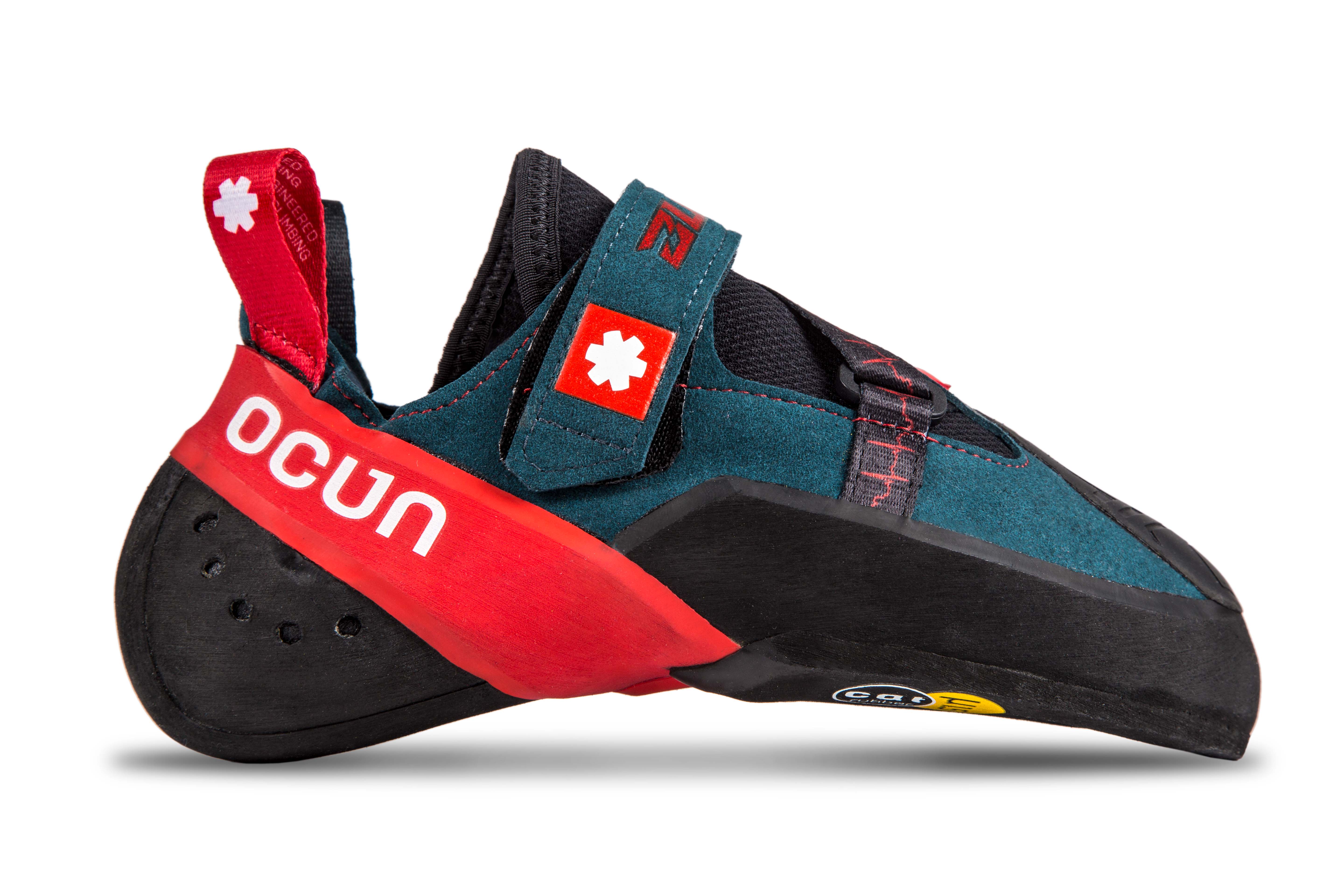 Ocun Bullit climbing shoe showing side profile with 3D toe-patch and velcro strap